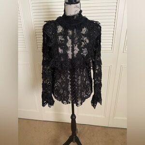 Anna Sui Black Magical Mystery Ruffled Crocheted Lace and Mesh Blouse High Neck